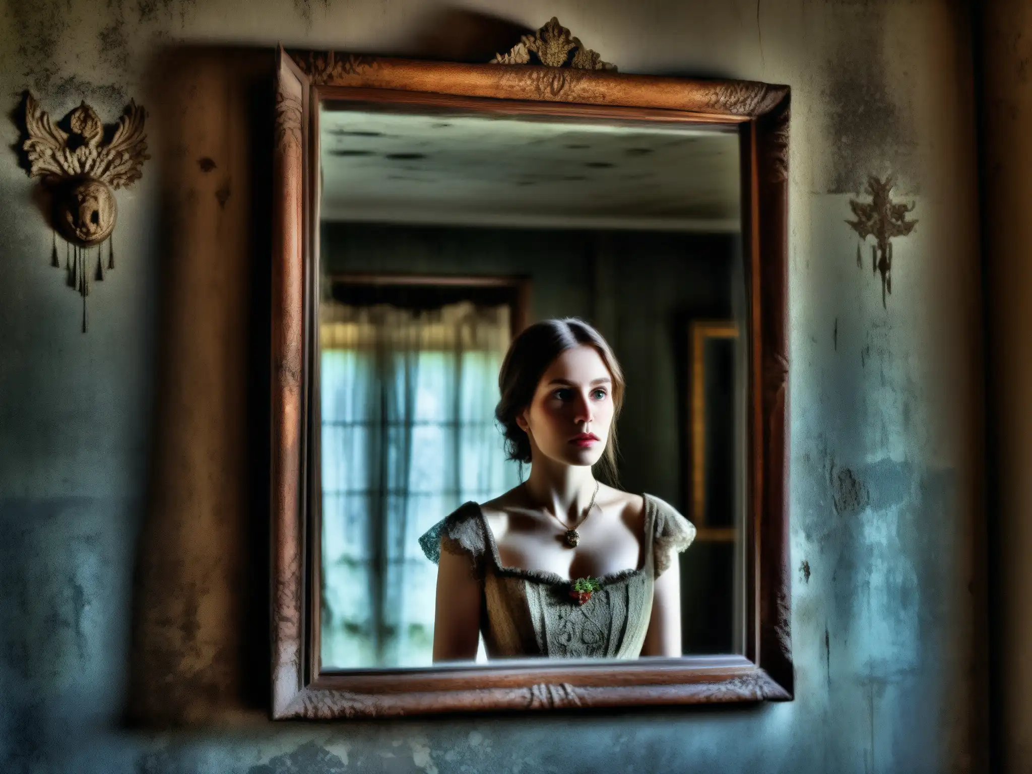 Reflejo fantasmal de una mujer en un espejo envejecido, evocando el origen histórico de Bloody Mary en un ambiente misterioso y desolado