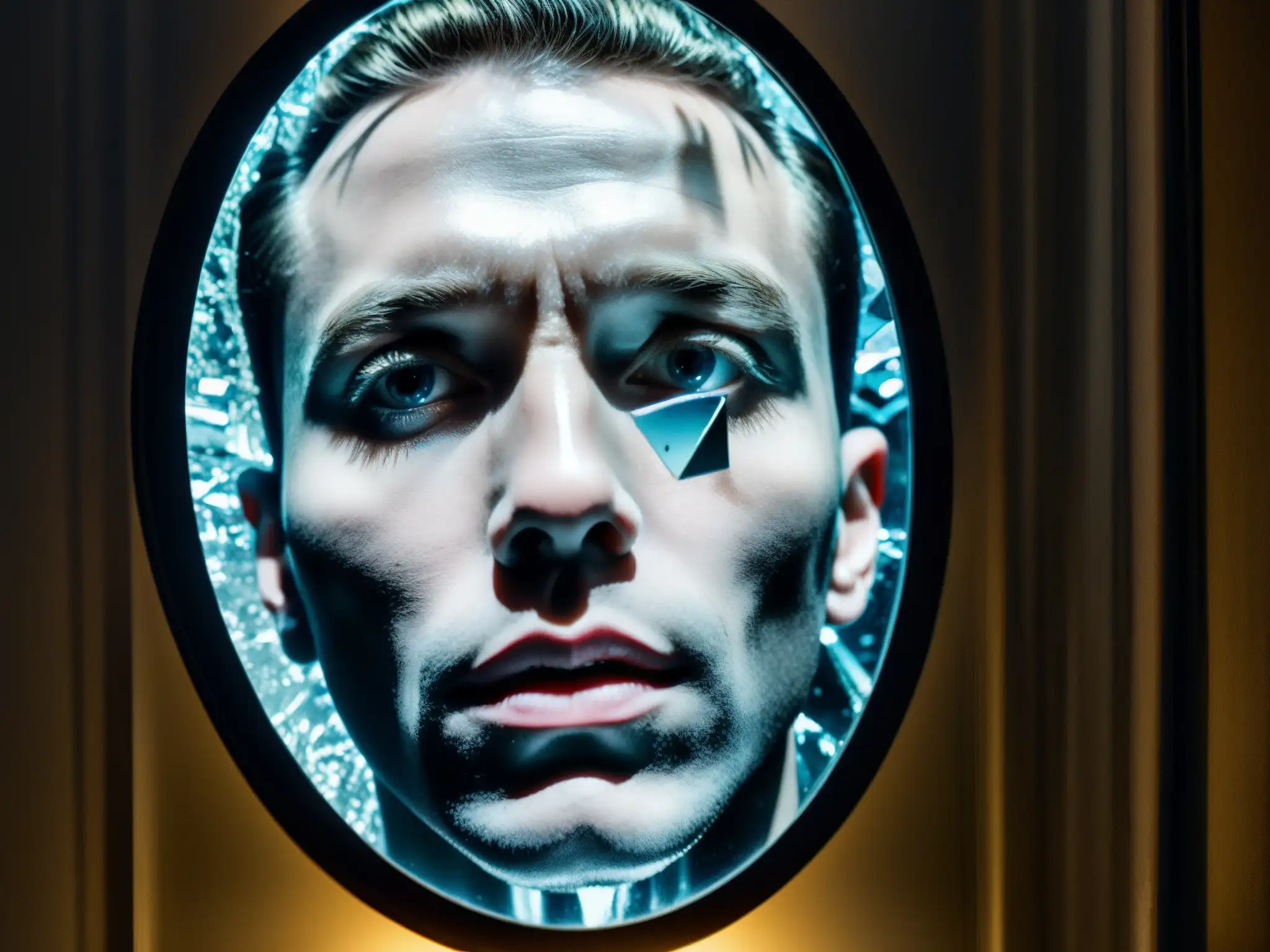 Reflejos fragmentados de una figura inquietante en un espejo roto, evocando el estudio sobre sugestión y miedo en Candyman