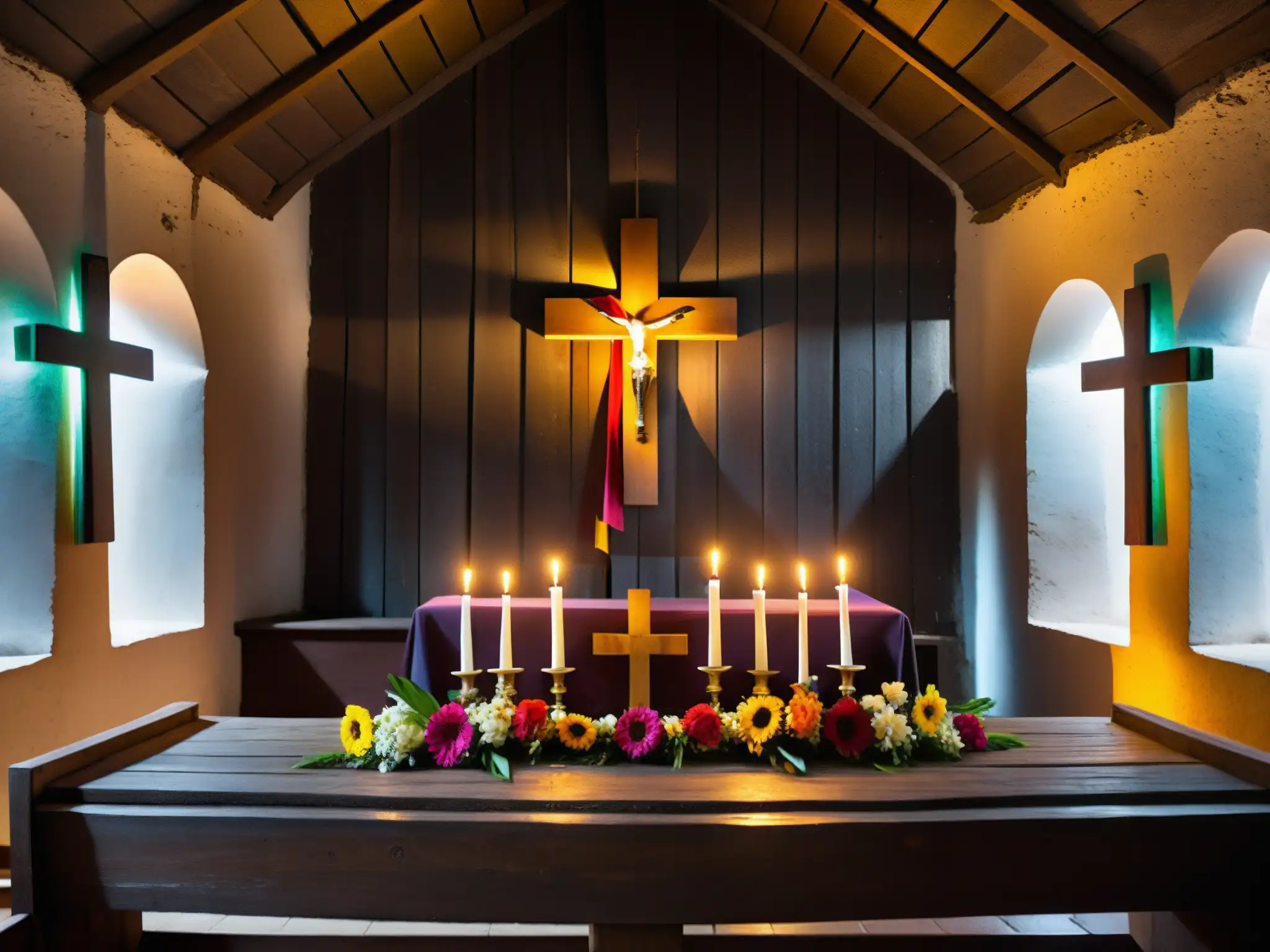 Relato de fe y terror en una iglesia ecuatoriana, con velas titilantes y una cruz adornada con cintas y flores