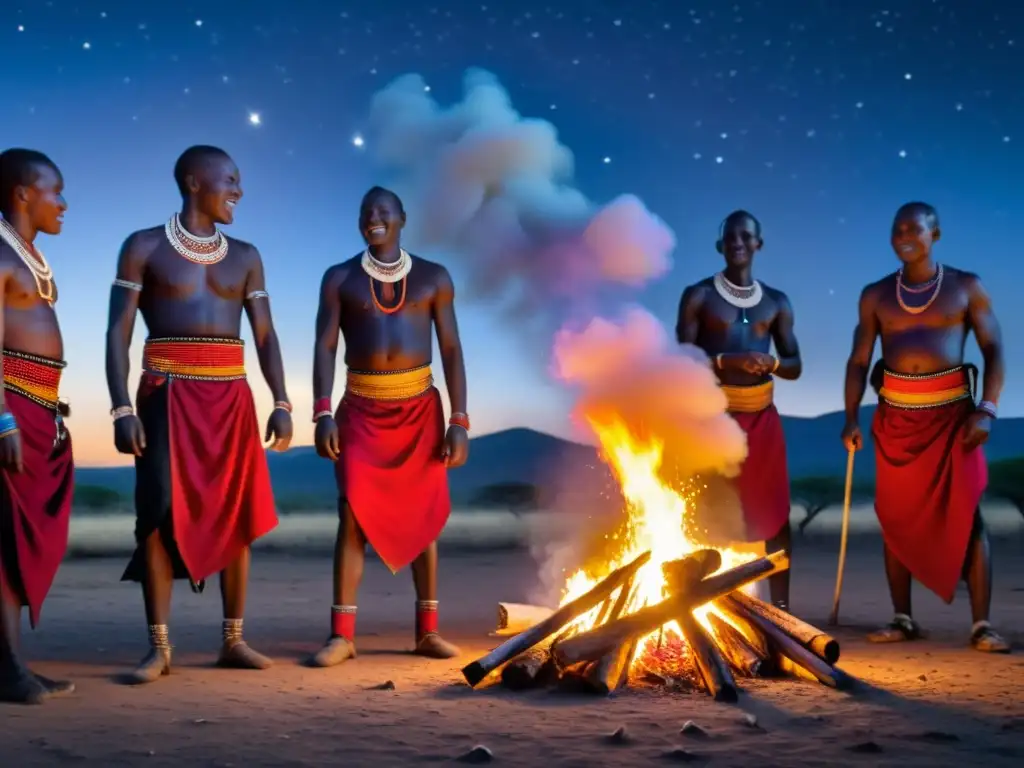 Relatos viajeros espíritus África Oriental: Maasai guerreros danzando alrededor de fogata bajo cielo estrellado en la sabana africana