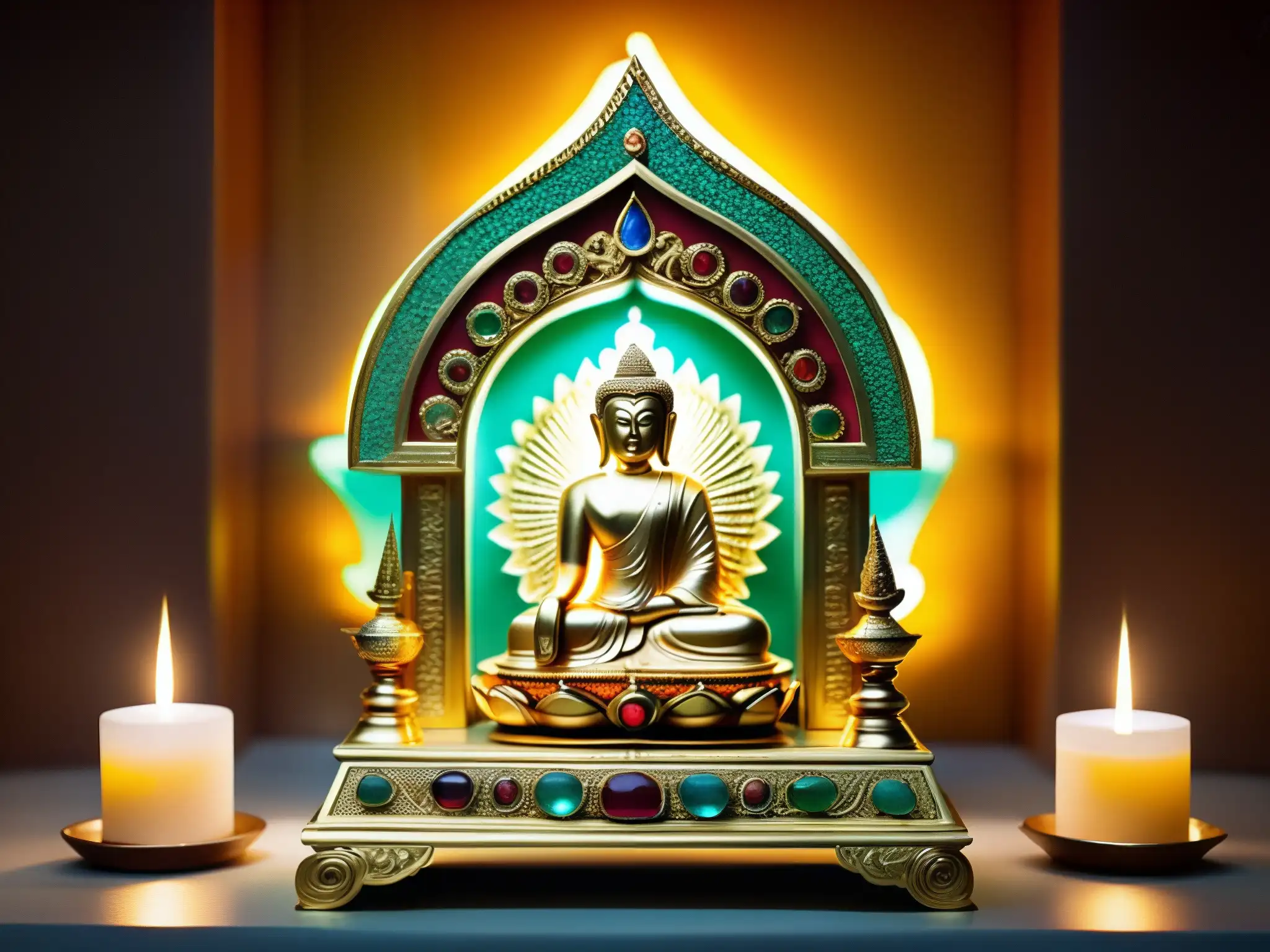 Relicario dorado adornado con gemas y carvings, contiene reliquia sagrada del Himalaya