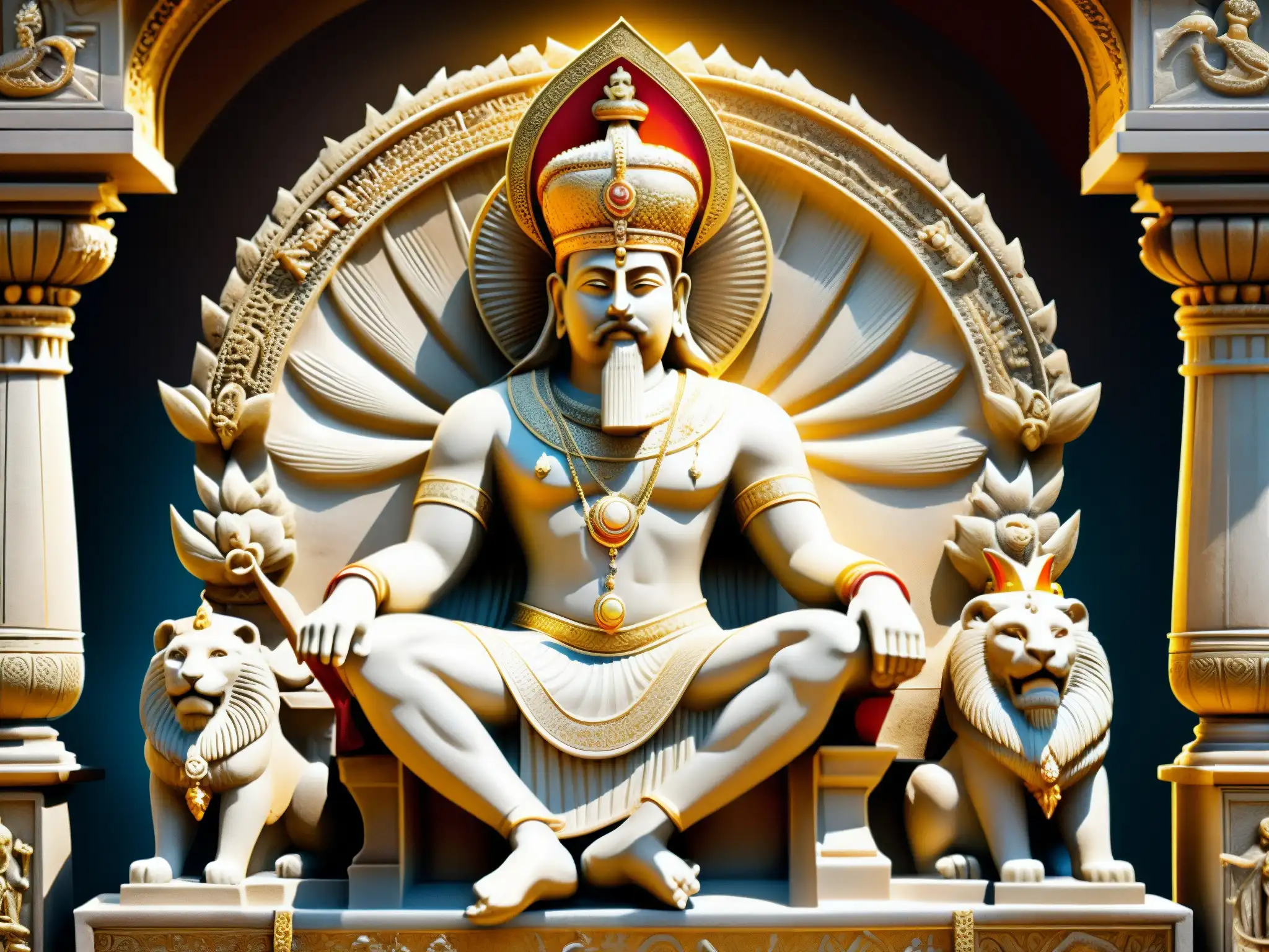 Relieve de piedra antiguo del legendario Rey Vikramaditya rodeado de espíritus y criaturas míticas, bañado en luz dorada y aura mística