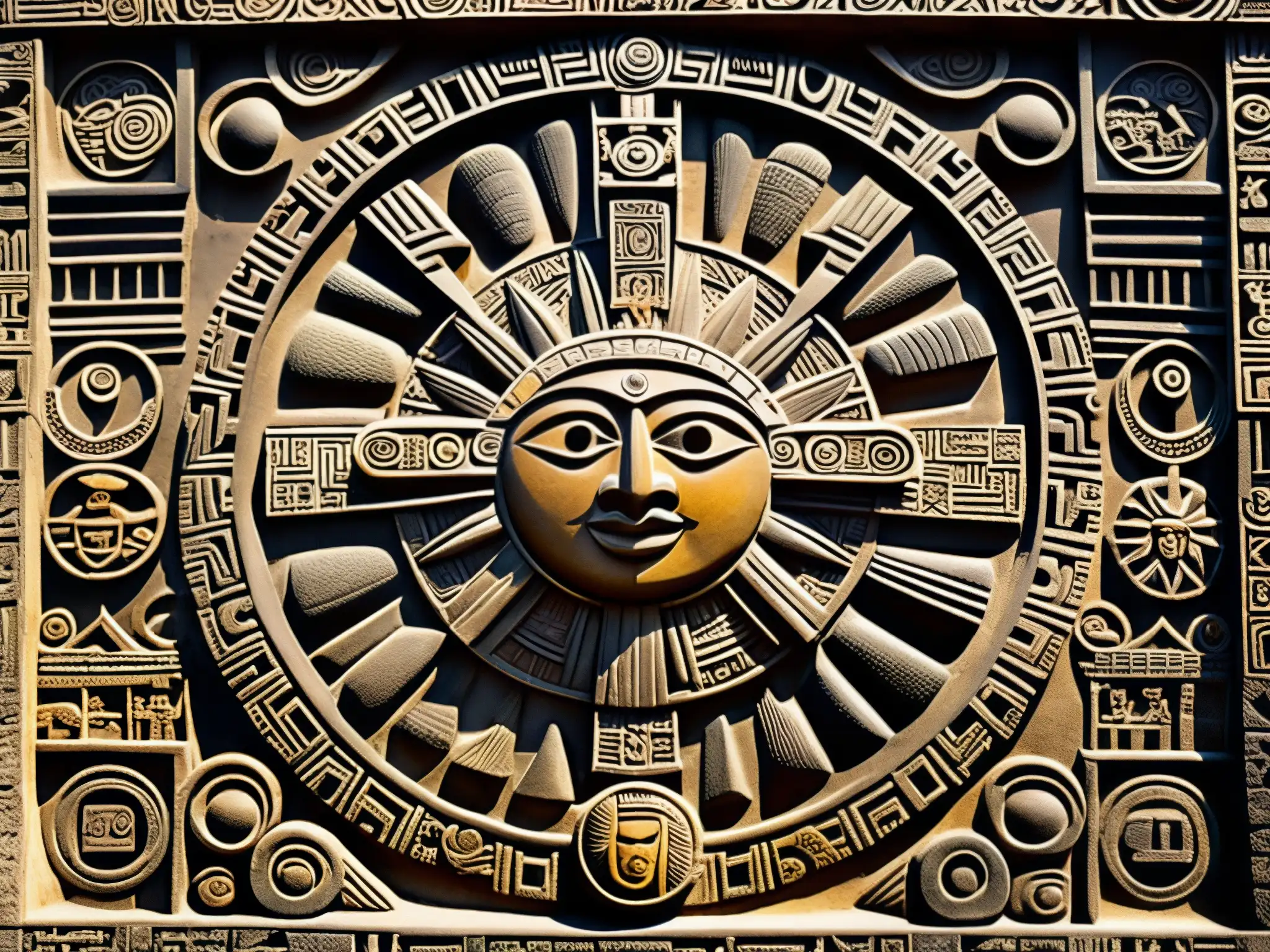 Relieve de piedra azteca mostrando la cosmovisión y romance de la leyenda del Sol y la Luna, con detalles intrincados y simbolismo cósmico