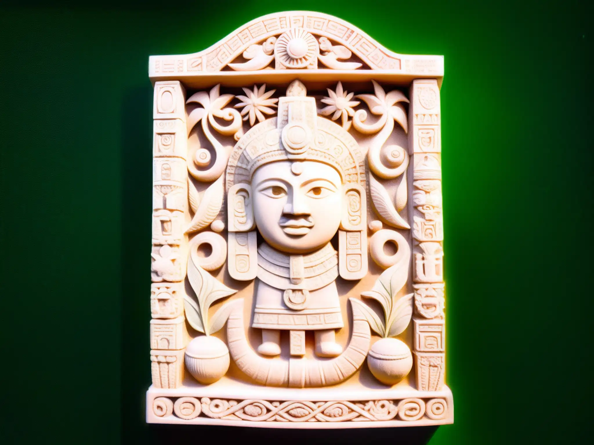 Relieve de piedra del misterio del Hombre Pez de Veracruz, tallado con detalle y rodeado de símbolos y criaturas marinas en la exuberante selva