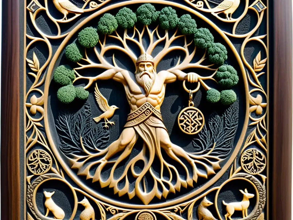 Relieve de piedra detalladamente tallado de Odin colgado del árbol Yggdrasil, evocando paralelismos entre mitología nórdica y cristianismo