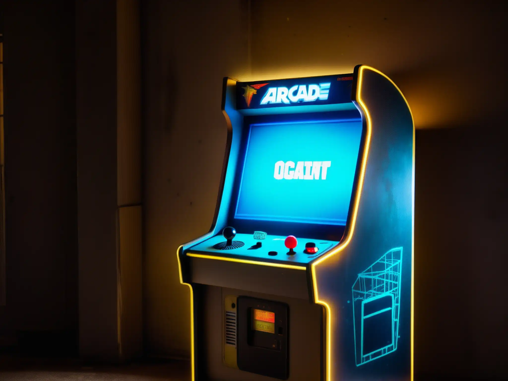 Una reliquia abandonada: un gabinete de arcade polvoriento y solitario en una habitación tenue, evocando leyendas urbanas de videojuegos abandonware