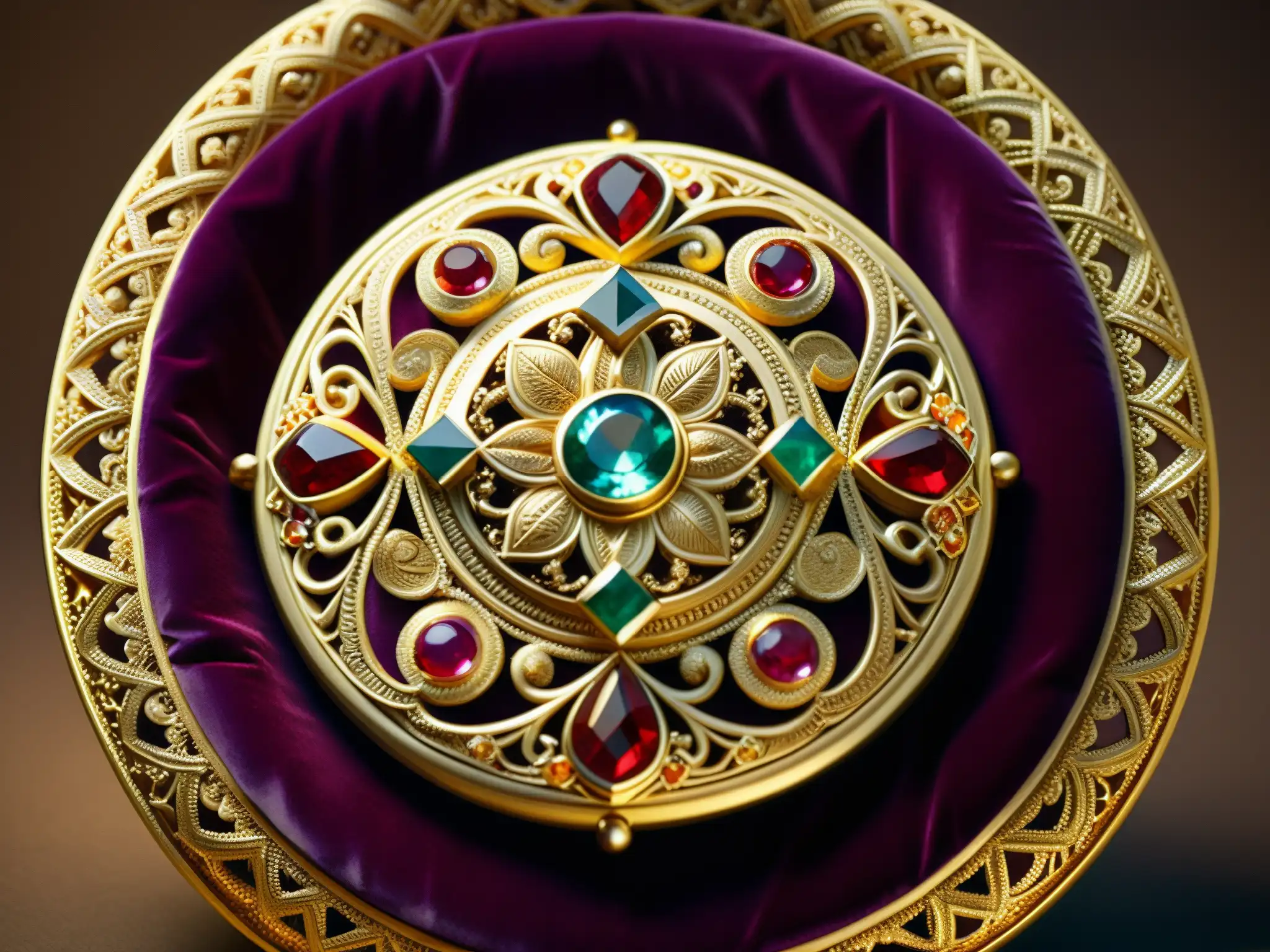 Una reliquia antigua de oro y gemas en un cojín de terciopelo, iluminada por una luz cálida, revela su intrincado tallado y filigrana