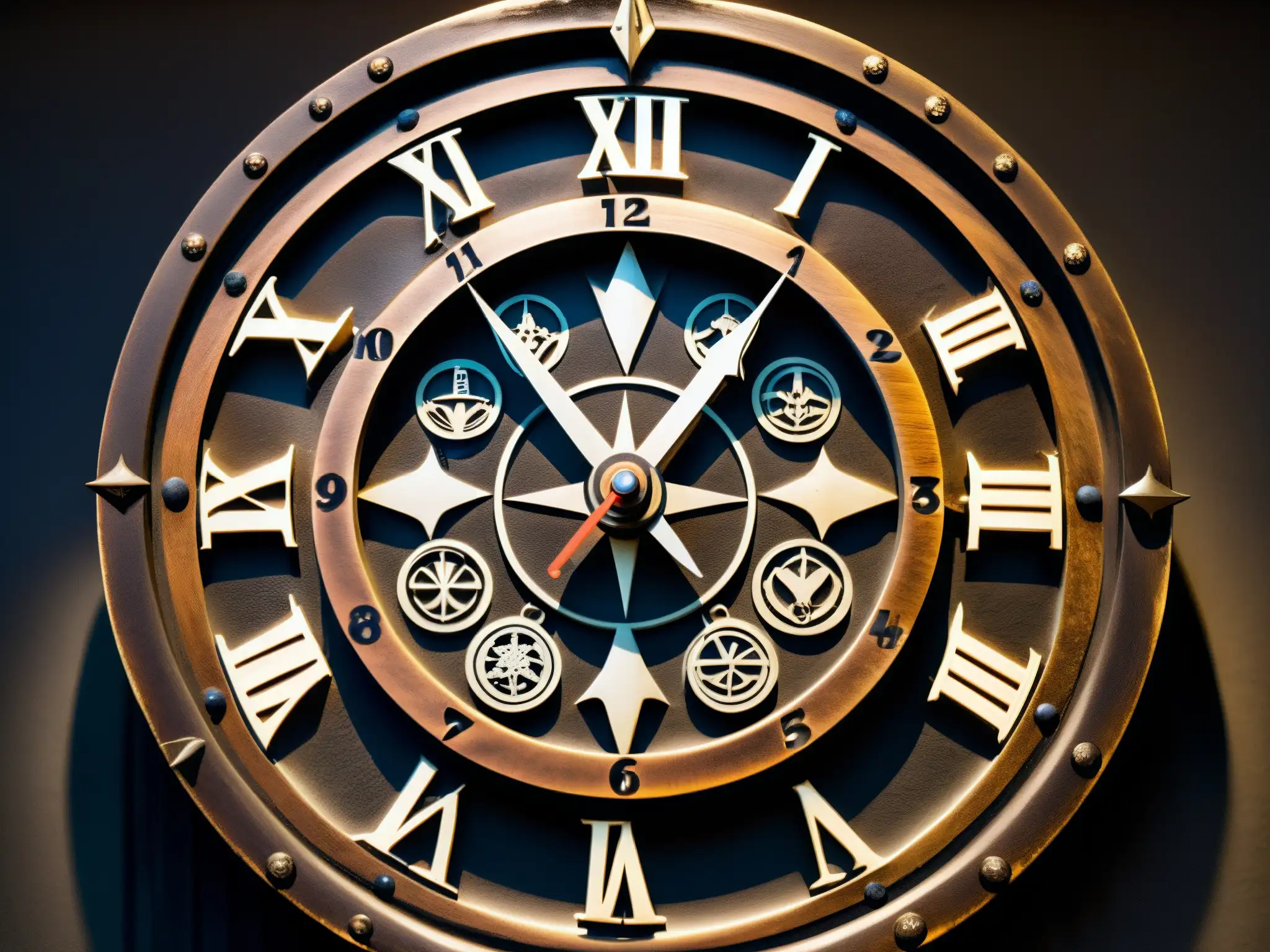 El Reloj Maldito de Myojin: Intrincadas marcas y carvings en la superficie timeworn, con una atmósfera ominosa y misteriosa