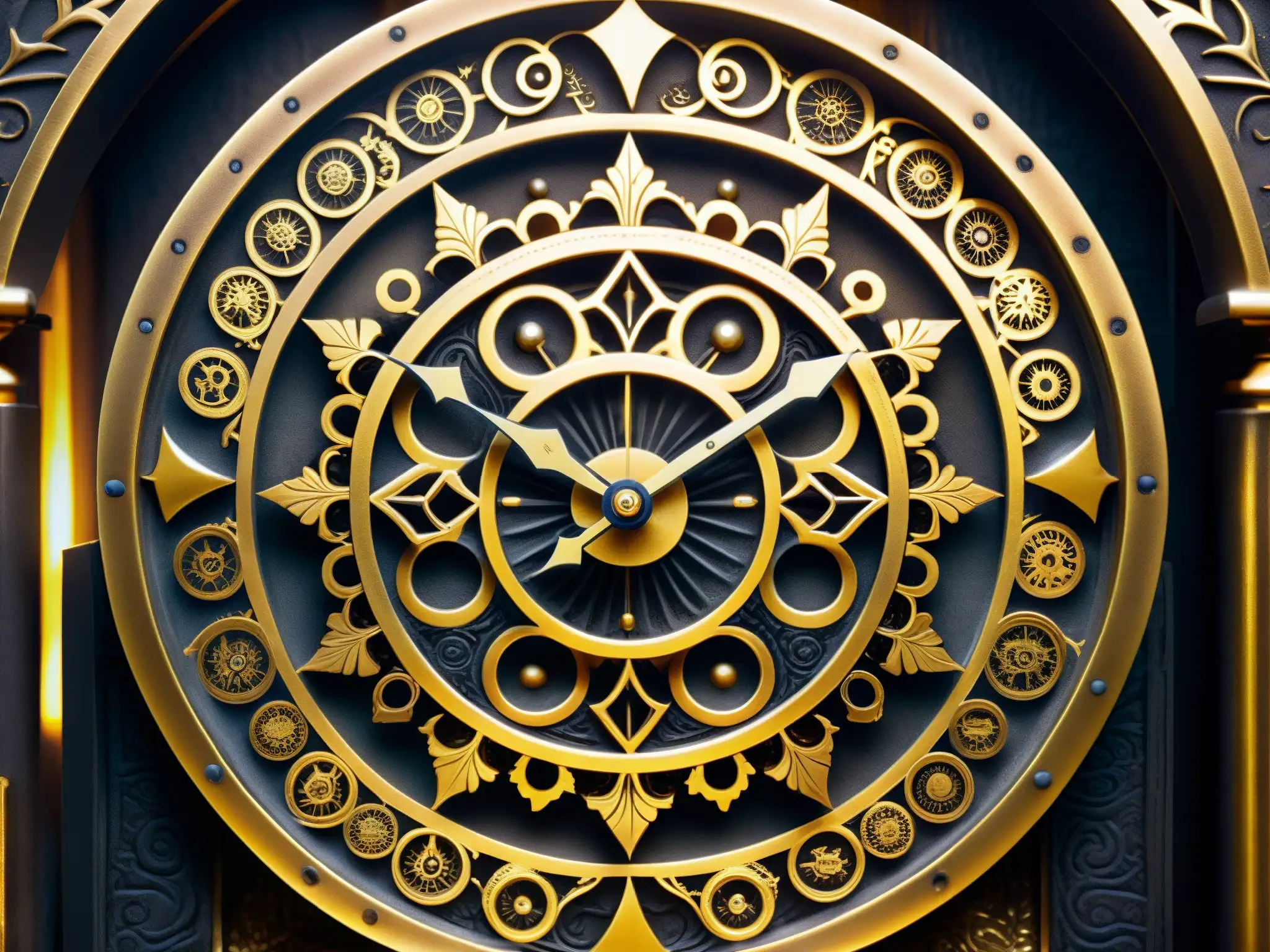 El Reloj Maldito de Myojin, con intrincados grabados dorados, símbolos misteriosos y un ambiente enigmático en un templo olvidado
