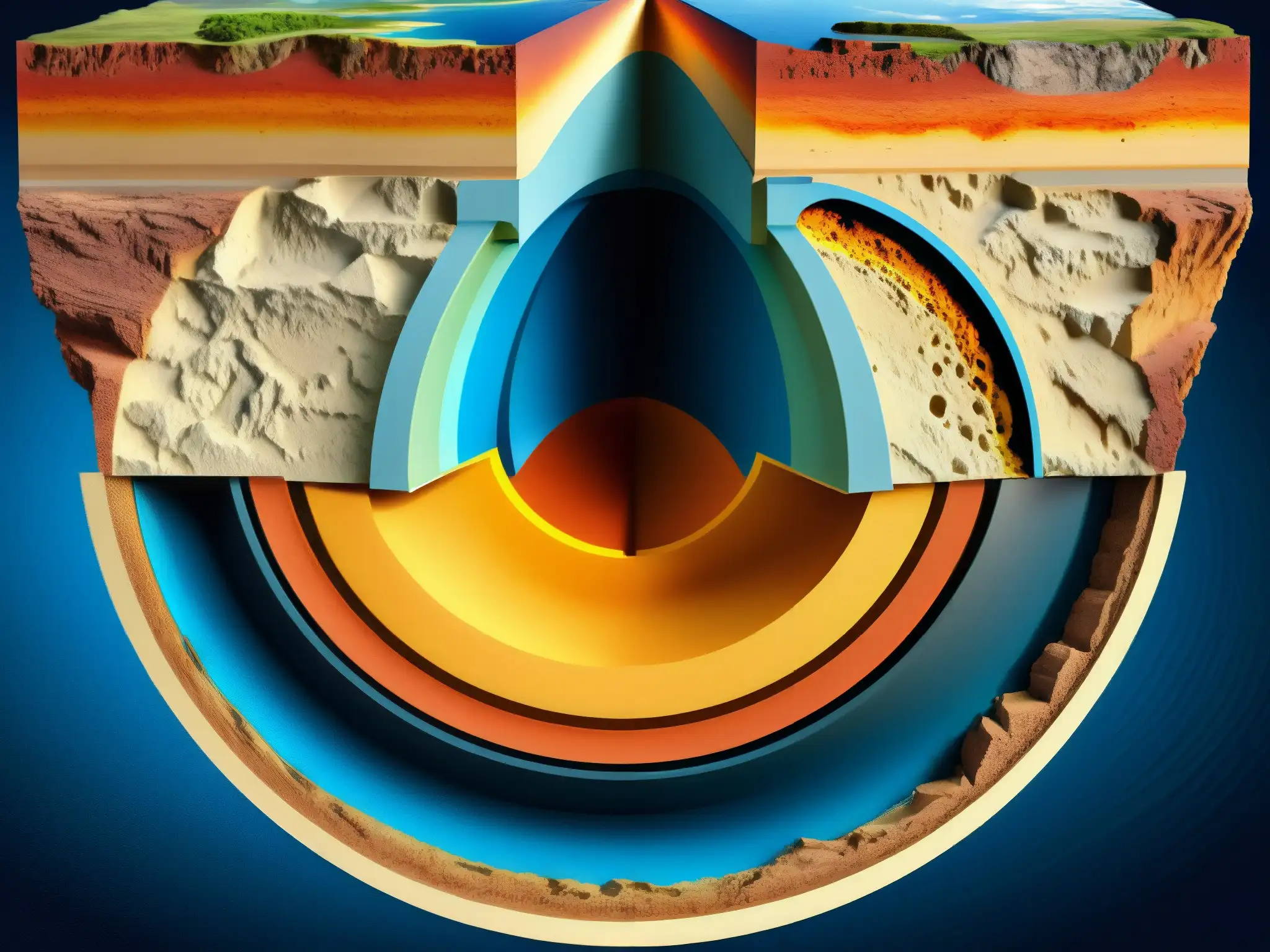 Una representación detallada y realista de la sección transversal de la Tierra, mostrando la posibilidad científica de la teoría de la tierra hueca
