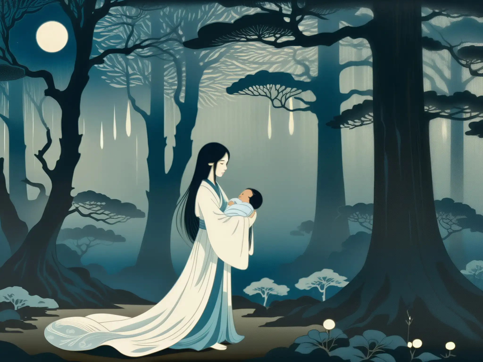 Retrato de Ubume y su bebé en el bosque, evocando el misterio y la tragedia del folklore japonés de madres fantasmales