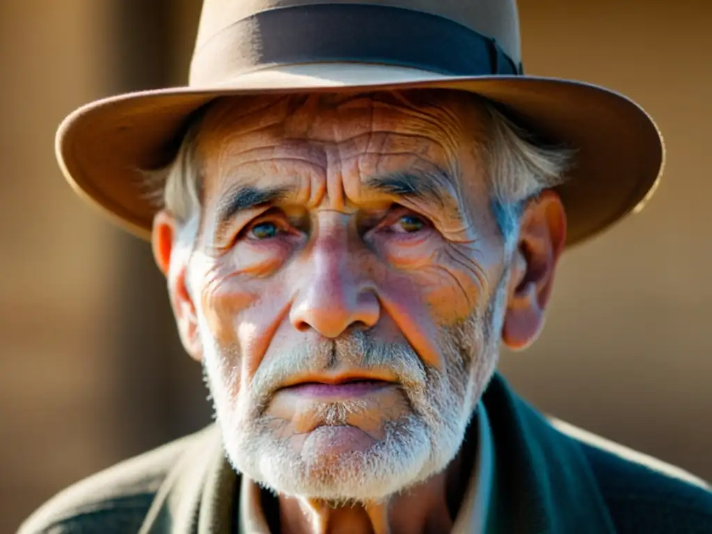 Un retrato conmovedor de un anciano con sombrero de ala ancha, mostrando la sabiduría de leyendas urbanas del bandolero tío camuñas