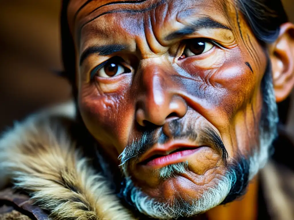 Retrato detallado del rostro del Hombre de Hielo Ötzi, con su piel arrugada, ceño fruncido y mirada penetrante