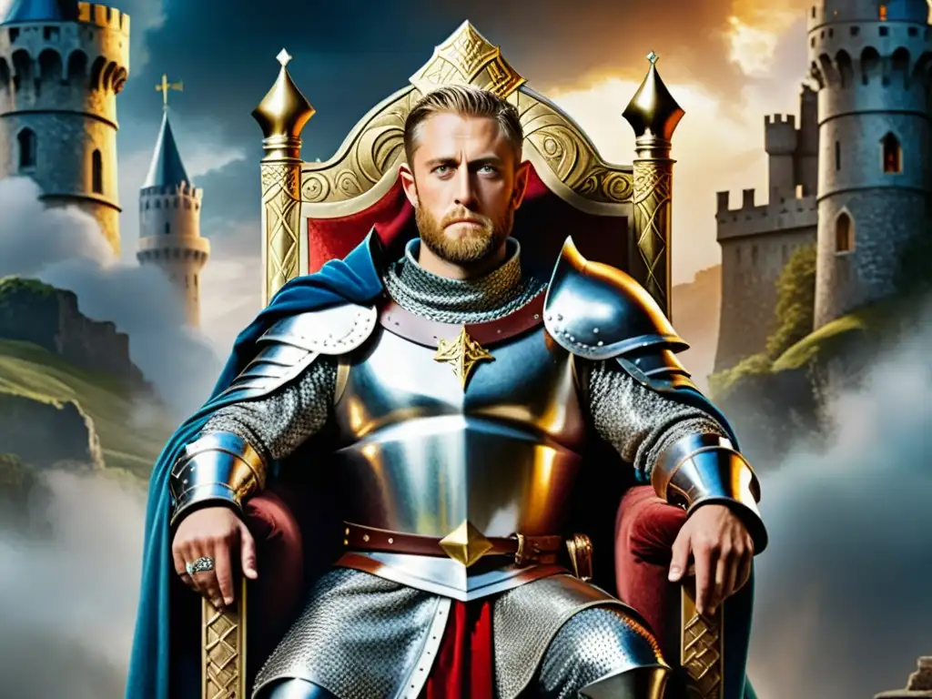 Retrato detallado del Rey Arturo en su trono, con armadura brillante y la espada Excalibur