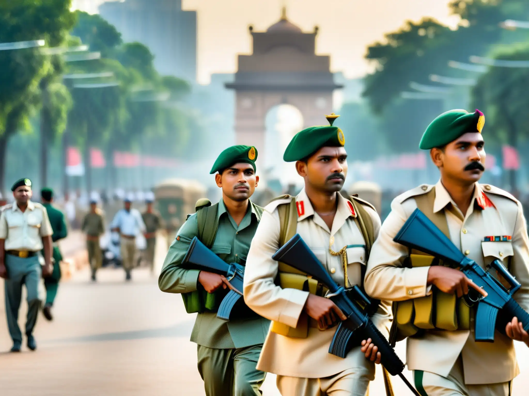 Un retrato de soldados indios en Delhi Cantonment, mostrando su espíritu mientras caminan por las concurridas calles