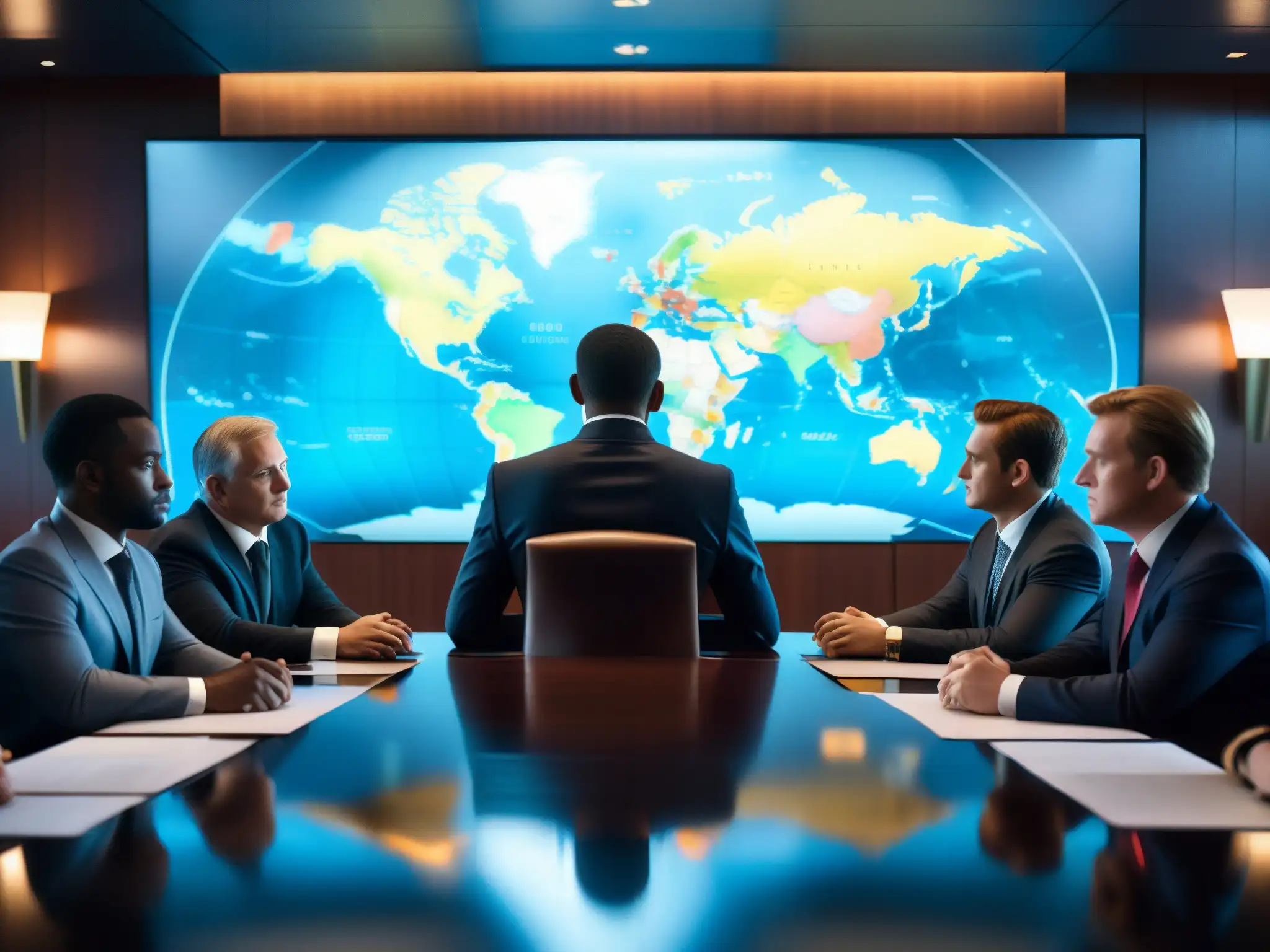 Reunión secreta en Club Bilderberg, figuras en traje en torno a una mesa de conferencias, mapa del mundo iluminado