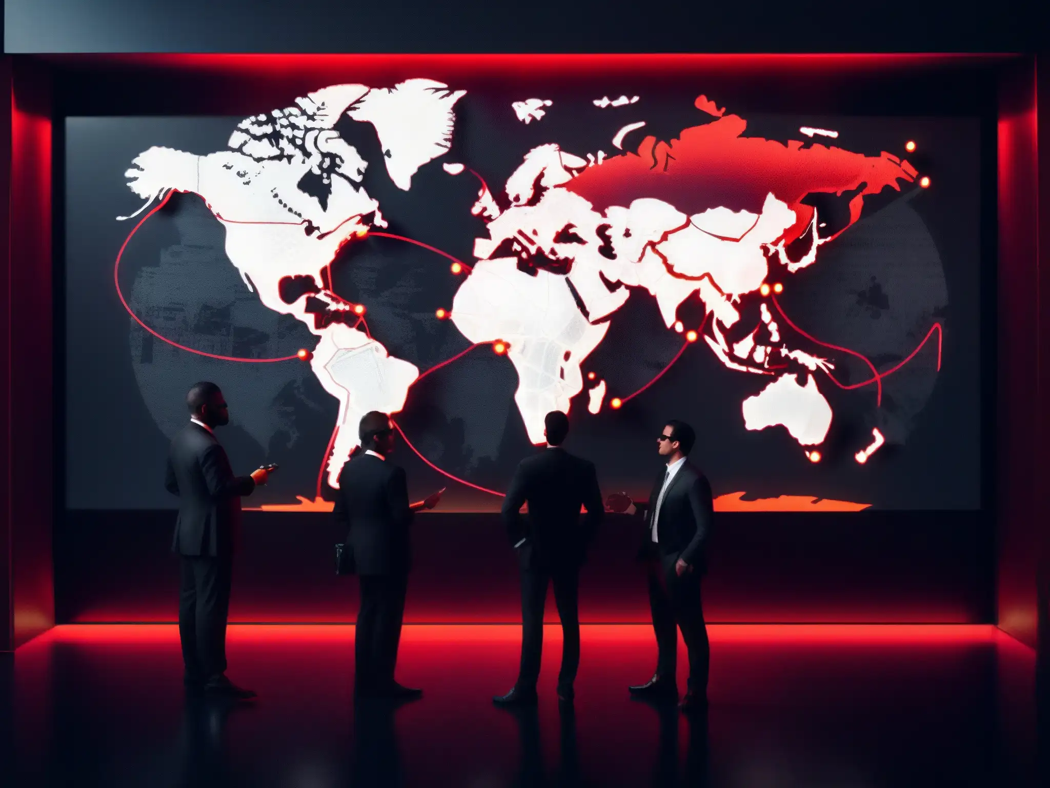 Reunión secreta de figuras en traje oscuro ante mapa mundial con hilos rojos y alfileres, simbolizando red de control global operada por sociedades secretas
