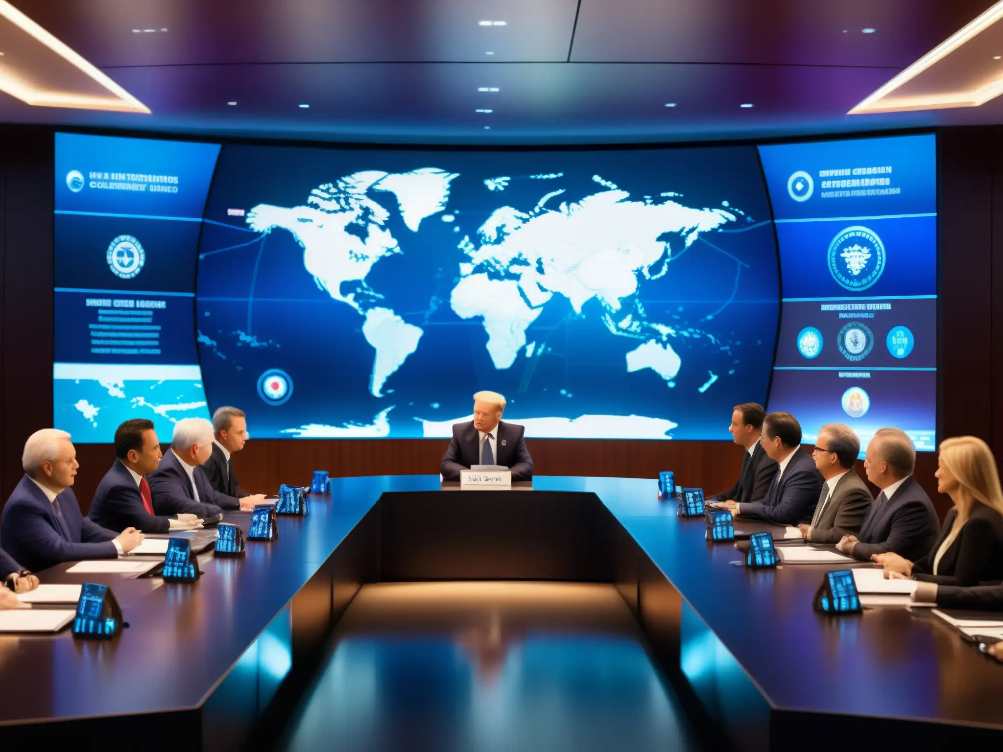 Reunión secreta de líderes mundiales en sala futurista