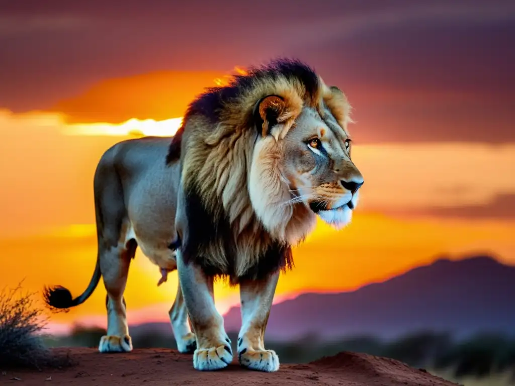 El rey de la selva, un majestuoso león en contraluz, iluminado por el cálido atardecer africano