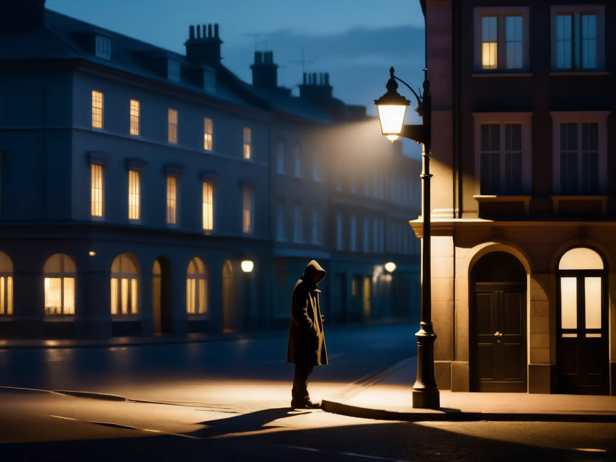 Un rincón oscuro de la calle por la noche, con una figura solitaria bajo la luz parpadeante de una farola
