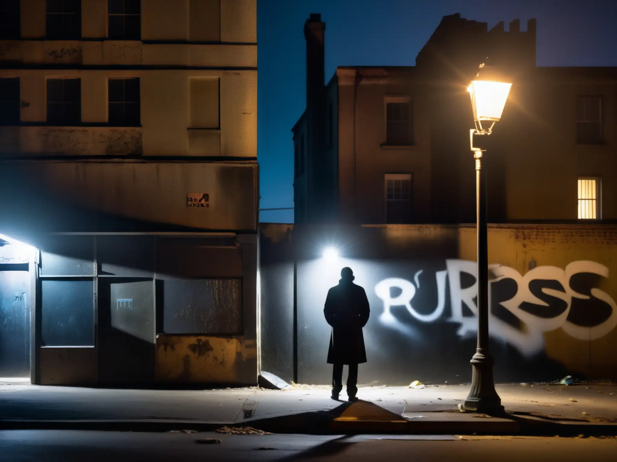 Un rincón oscuro de la ciudad de noche, con una figura solitaria bajo la luz tenue de una farola, evocando relaciones tóxicas y leyendas urbanas