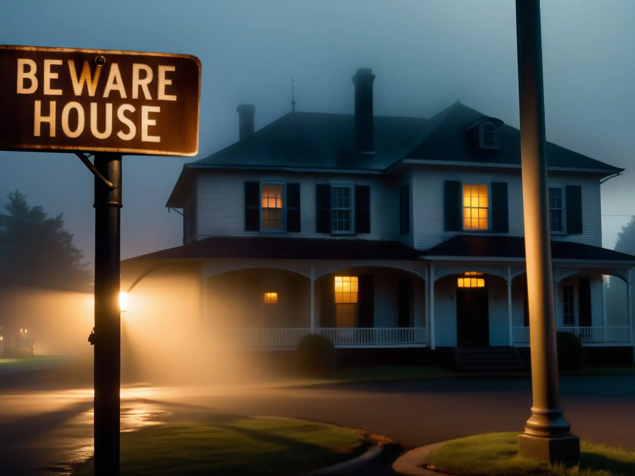 Un rincón sombrío de la calle por la noche con un letrero oxidado que dice 'Cuidado con la Casa Embrujada' y la atmósfera ominosa de un mito urbano