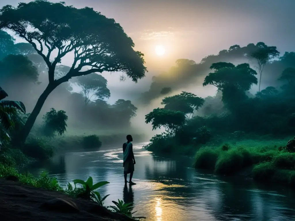 Un río brumoso a la luz de la luna serpentea a través de la densa selva africana