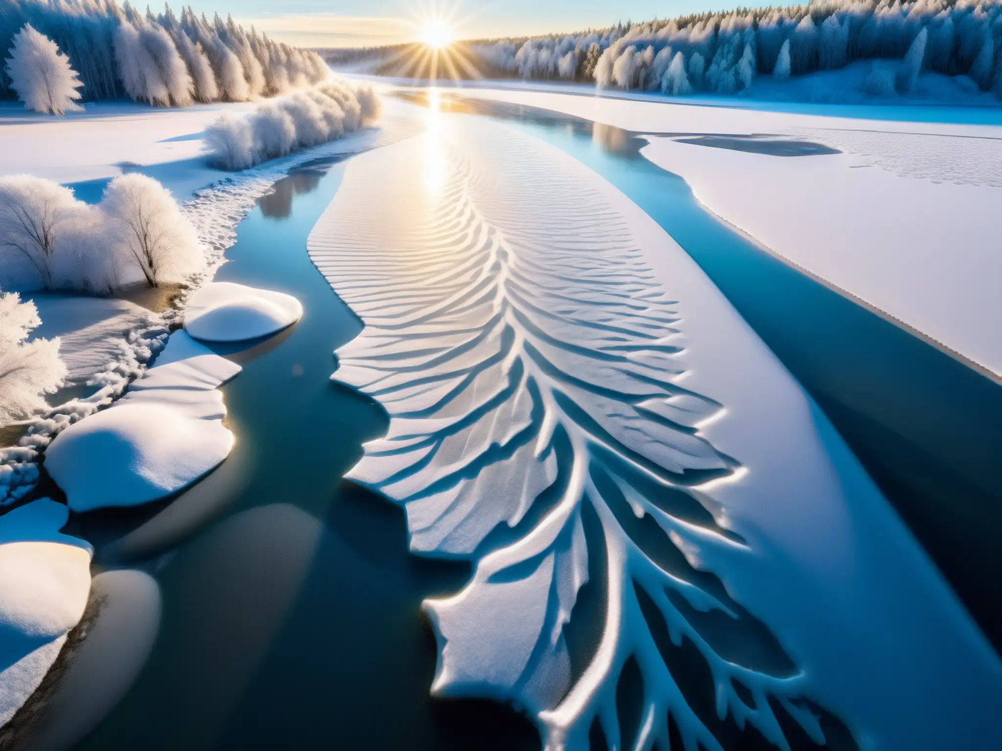 Un río congelado en América del Norte muestra misteriosos círculos de hielo, creando una atmósfera cautivadora y surrealista