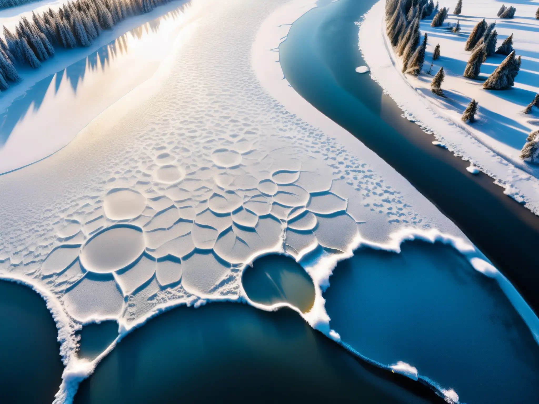 Un río helado en América del Norte con misteriosos círculos de hielo, creando una atmósfera de enigma y belleza surrealista