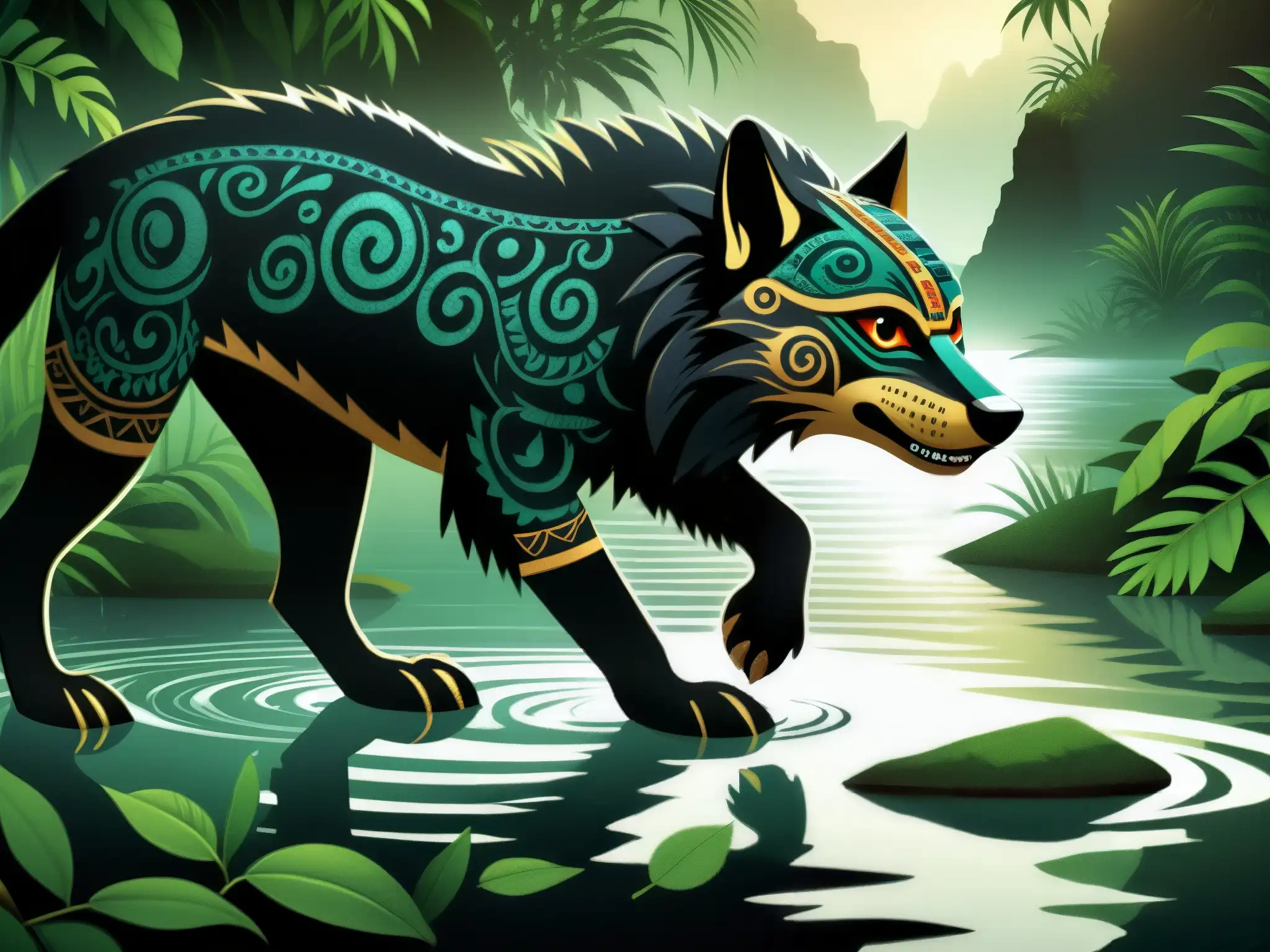 Enigmática criatura acuática Ahuizotl prehispánica acecha en el río de la jungla, rodeada de seres míticos y ruinas antiguas