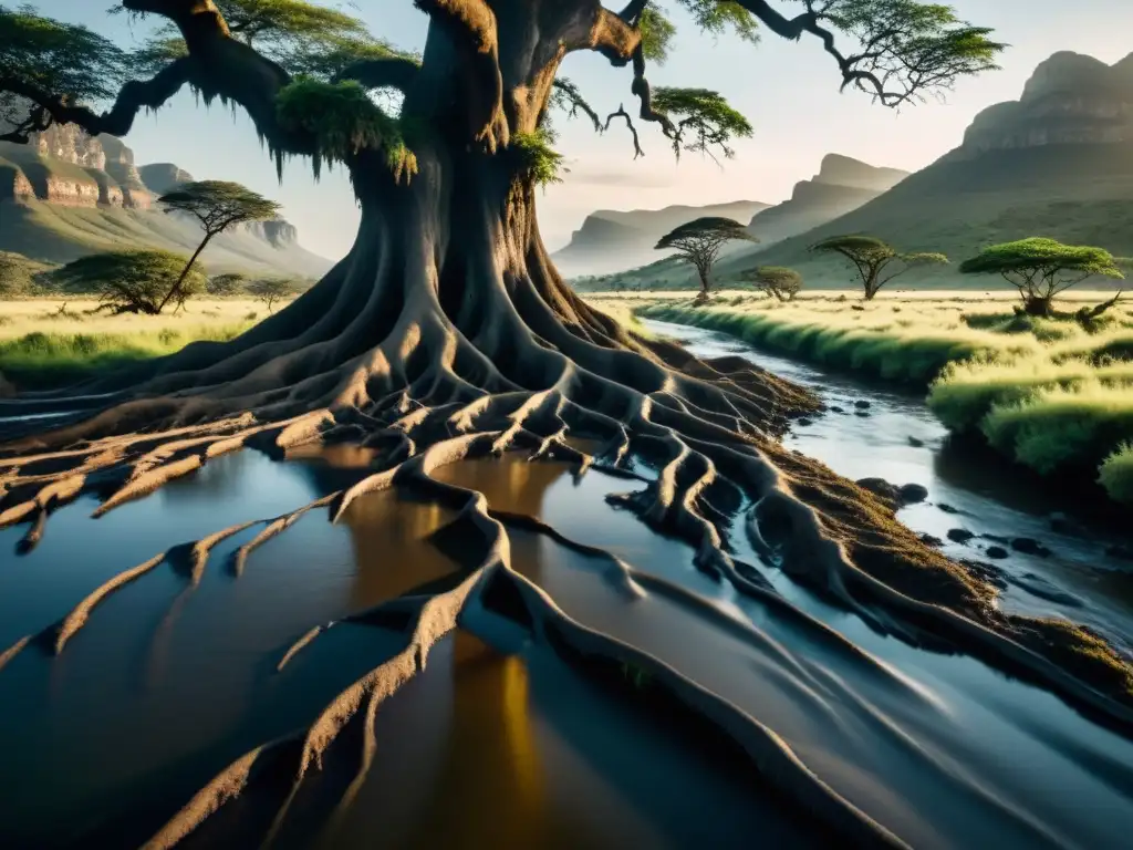 Un río oscuro y misterioso en Sudáfrica o Tanzania, con árboles y raíces añadiendo peligro