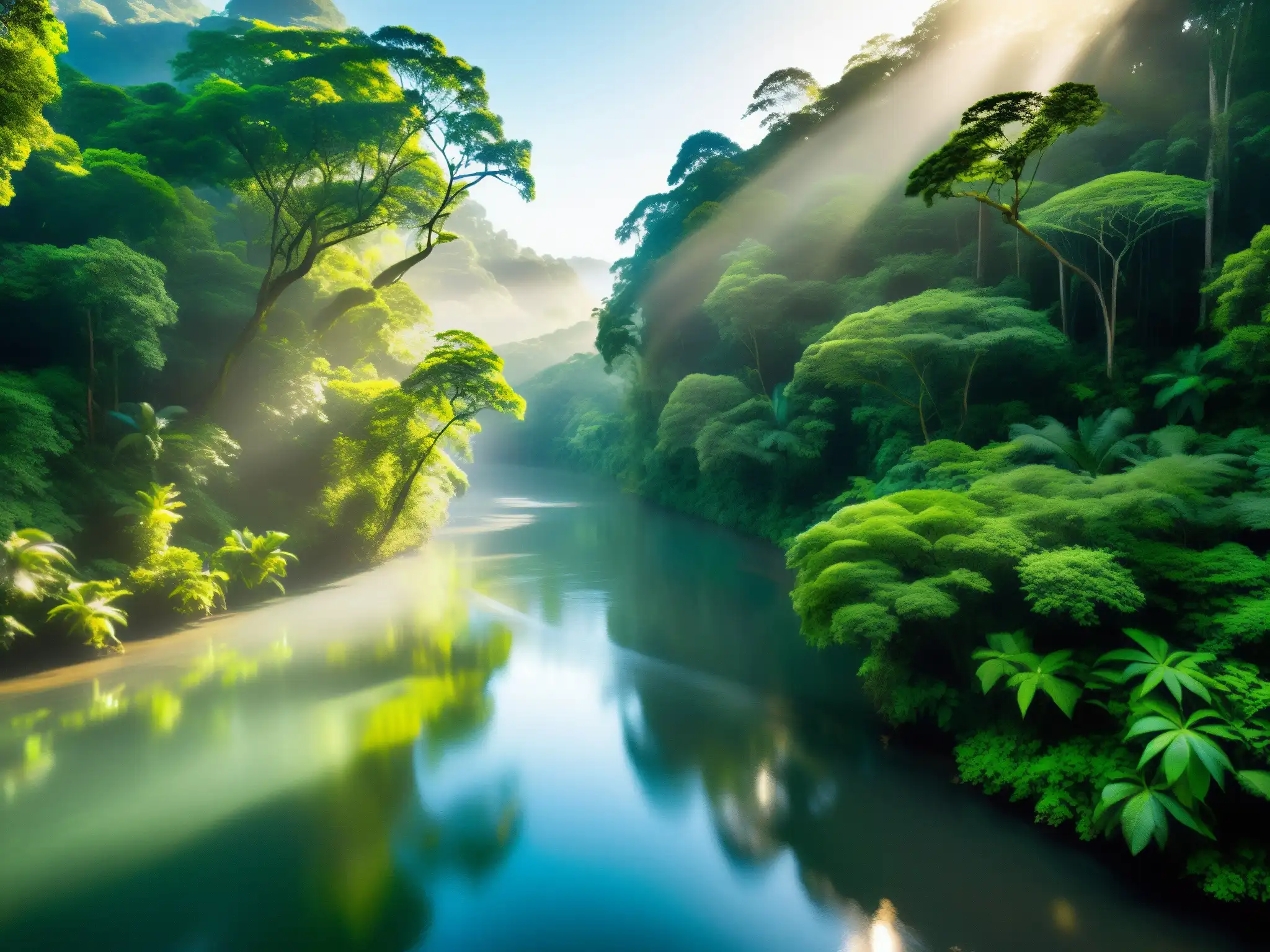 Un río sereno serpentea entre la exuberante selva, iluminado por el sol y cubierto de neblina