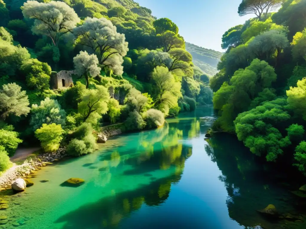 Río sereno y bosque mediterráneo, con ruinas antiguas entre la vegetación