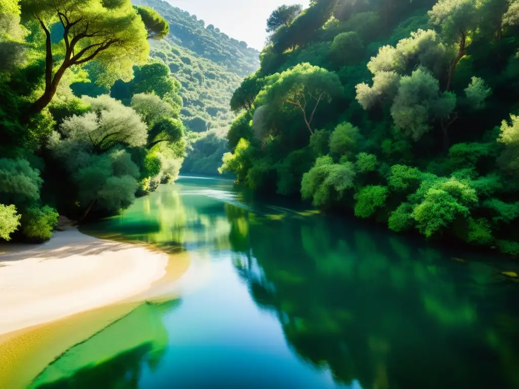 Río sereno fluyendo a través de un exuberante bosque mediterráneo, evocando la presencia de las deidades fluviales del folklore mediterráneo