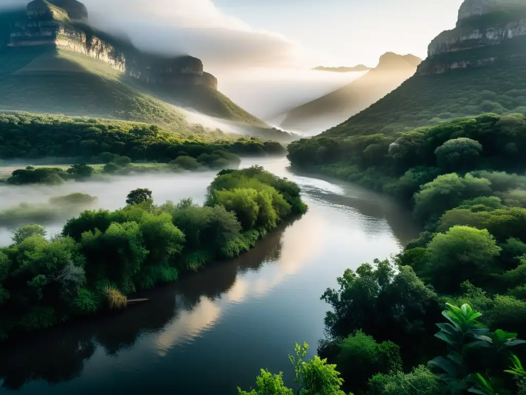Un río turbio en Sudáfrica con neblina, vegetación densa y atmósfera misteriosa evocando el mito urbano de Mamlambo