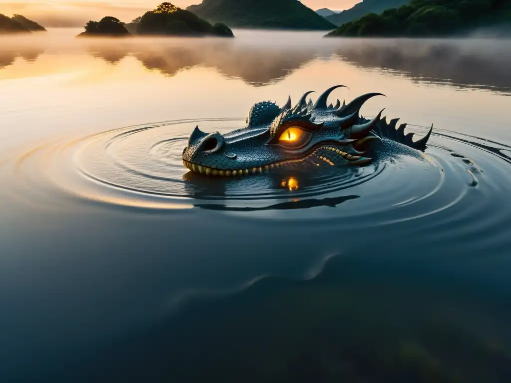 Un río turbulento al amanecer con la silueta de un dragón emergiendo, desentrañando leyendas urbanas milenarias del dragón