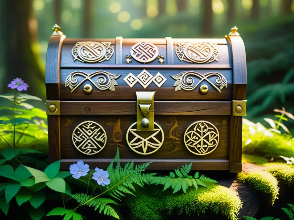 Riquezas ocultas en un cofre de madera tallado con símbolos nórdicos, en un bosque místico bañado por la luz dorada