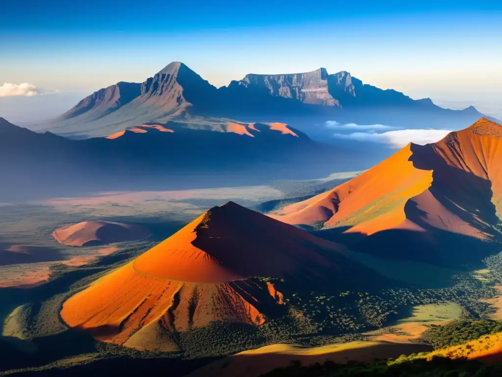 Riquezas perdidas en montañas Kenia: vista espectacular de picos, valles, y atardecer dorado en cordillera majestuosa