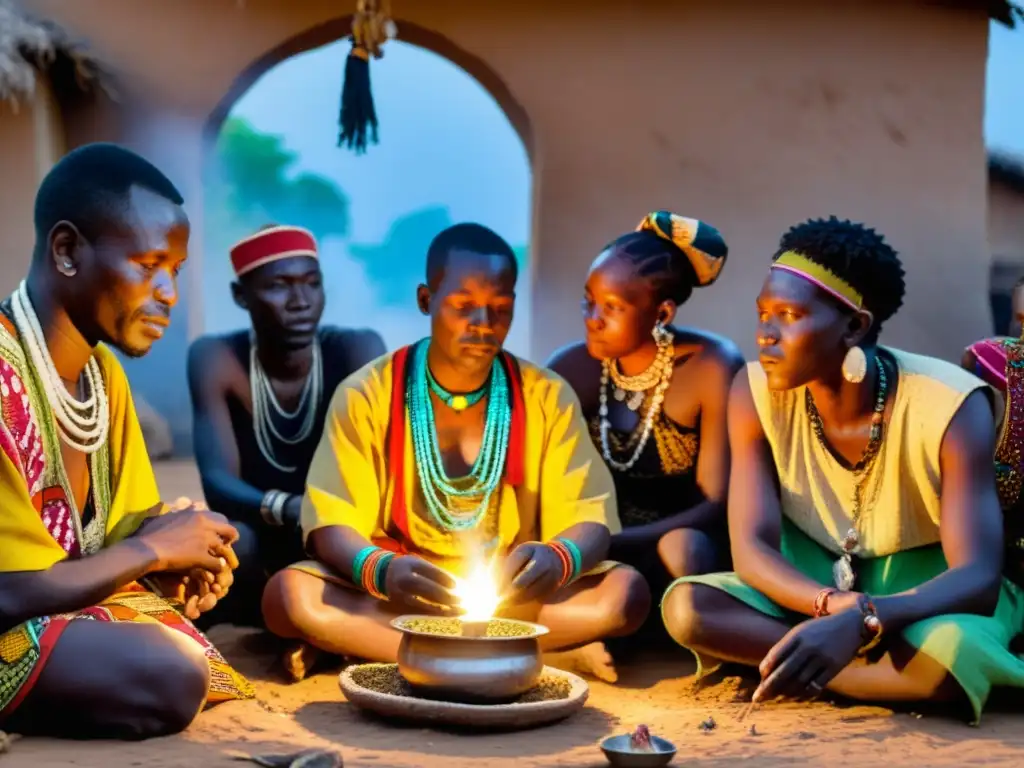 Un ritual de curandero en una aldea de África Occidental, con un grupo de aldeanos observando con respeto y curiosidad
