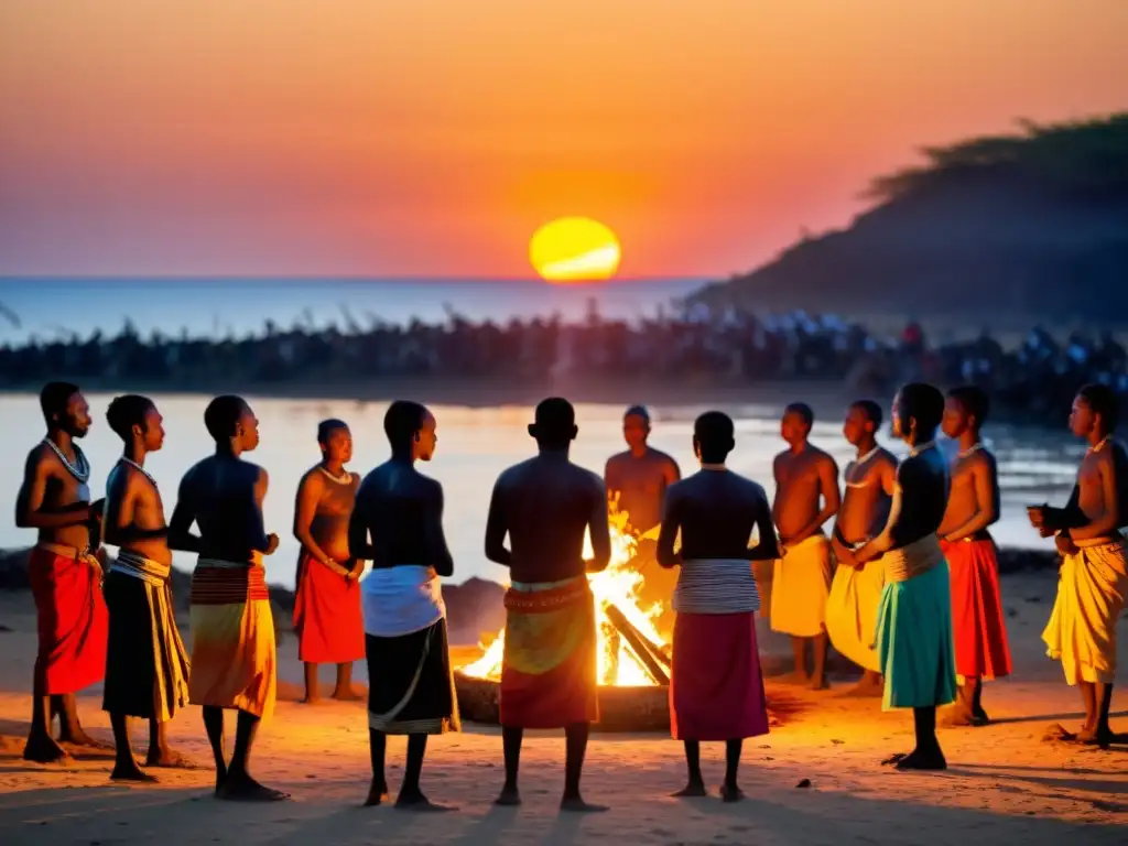 Un ritual tradicional al atardecer en Kilwa Kisiwani, con aldeanos participando en un baile ceremonial alrededor de una gran hoguera