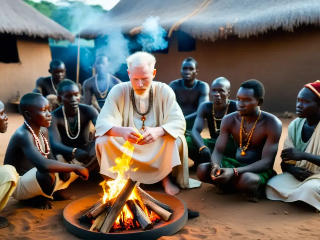 Un ritual tribal en África Occidental, con un curandero bendiciendo a un niño albino en un culto secreto, alrededor de una fogata