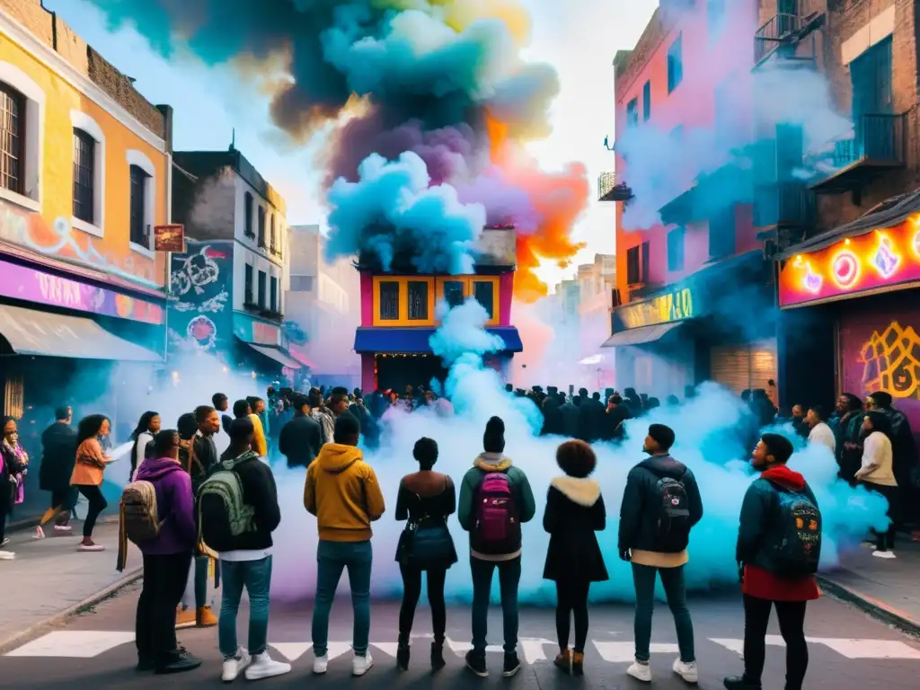 Un ritual urbano con encantamientos en la cultura urbana: jóvenes envueltos en humo y símbolos místicos, rodeados de grafitis vibrantes