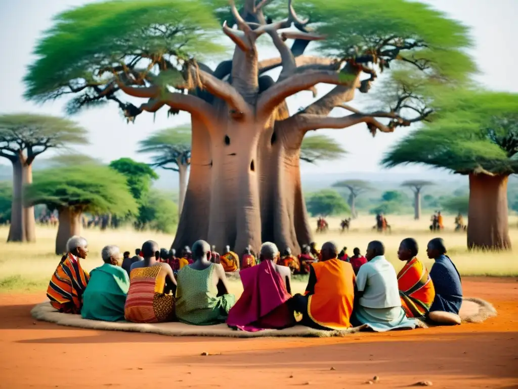 Rituales ancestrales de los espíritus Kakamega en Kenia: ancianos en círculo bajo un baobab, envueltos en la atmósfera mística y tradicional