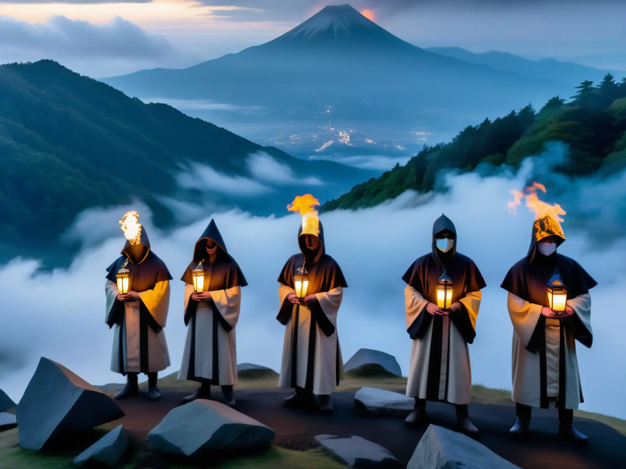 Rituales misteriosos en la montaña Akakura: figuras enmascaradas con antorchas en la cima entre la neblina y el susurro de cantos