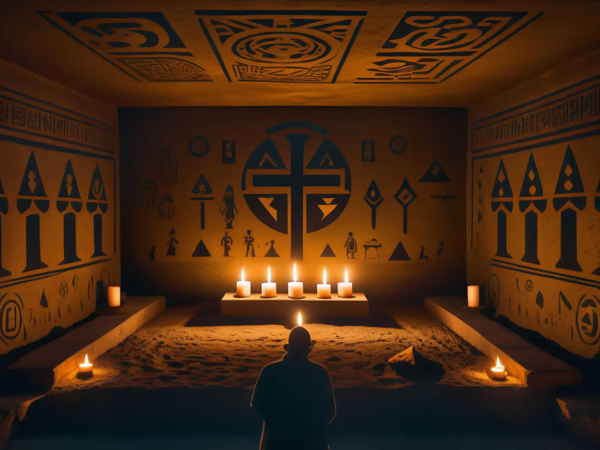 Rituales ocultistas élite en misteriosa cámara subterránea con símbolos y figuras en penumbra