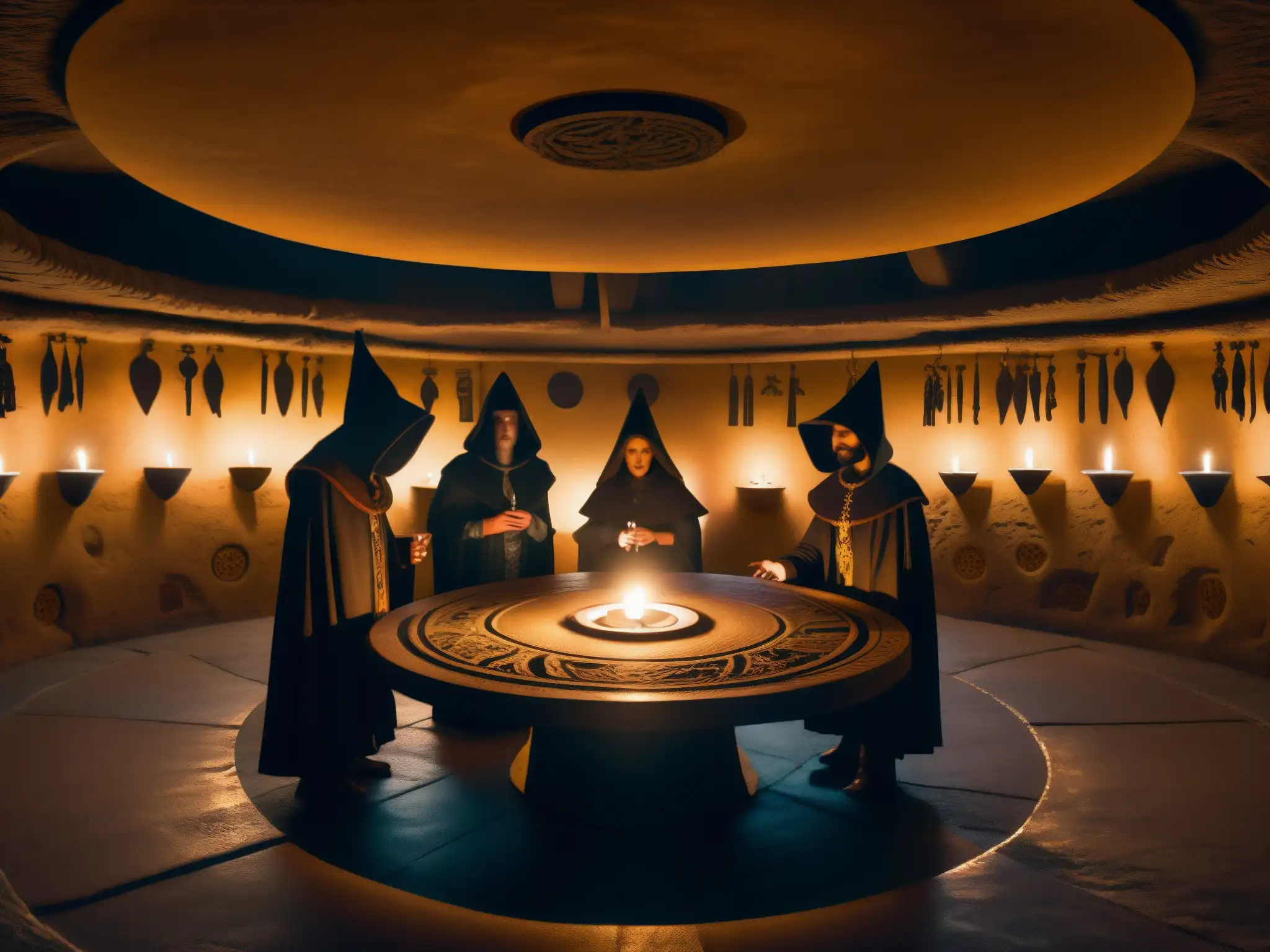 Rituales secretos en el misterioso Club Bohemio: figuras en capuchas alrededor de la mesa, con velas y símbolos esotéricos
