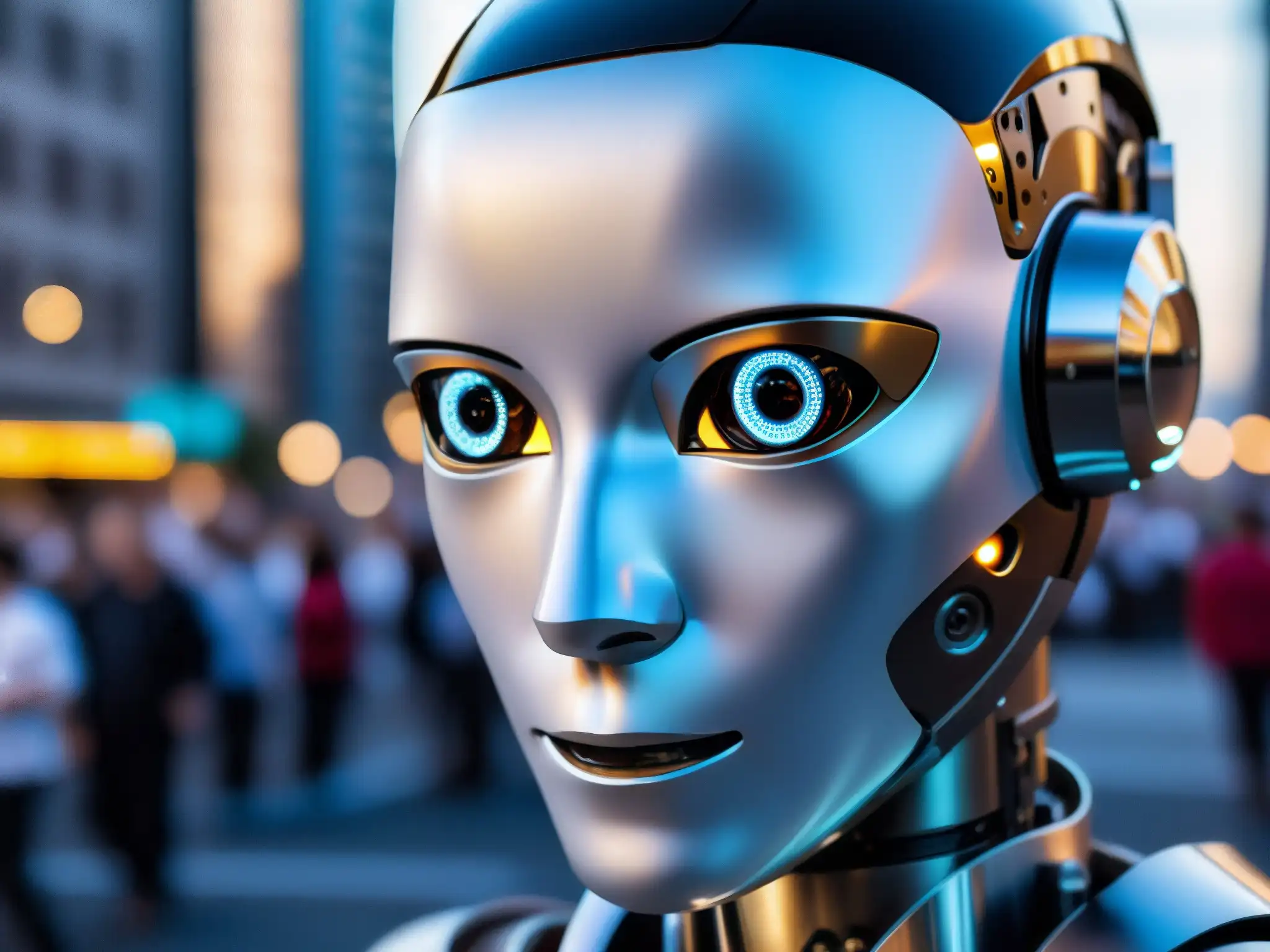 Robot humanoide interactuando con personas en la ciudad, fusionando inteligencia artificial y emoción humana, creando terror y fascinación