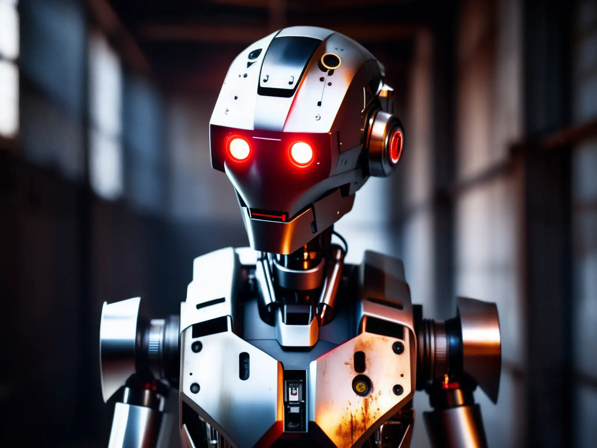 Robot con ojos rojos brillantes en un espacio industrial abandonado, transmite terror de la inteligencia artificial