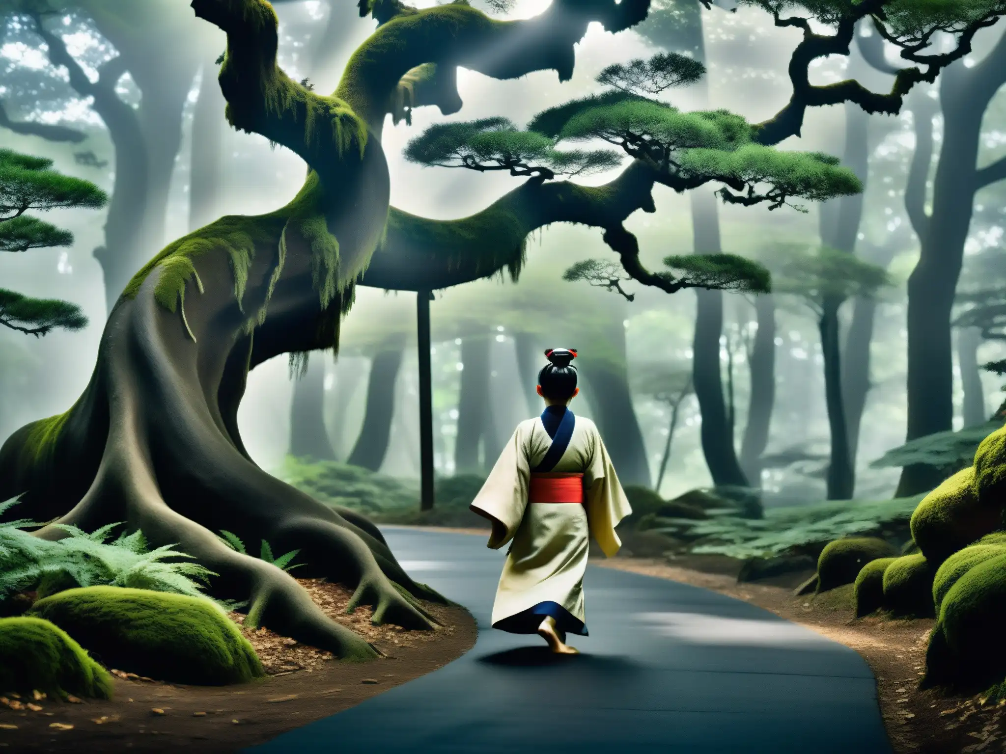 Un Rokurokubi emerge entre árboles ancestrales al anochecer, reinventando mitos japoneses para influencers