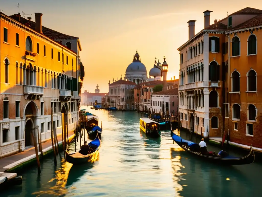 Romántica escena de los místicos canales de Venecia al atardecer, con góndolas y edificios antiguos, evocando una leyenda amorosa
